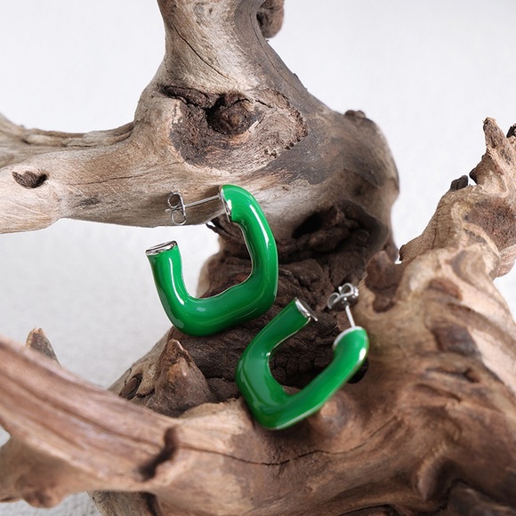 Waterproof Green Square Hoop Earrings*Chunky Hoops*Minimalist*Ml - Picture 2 of 6